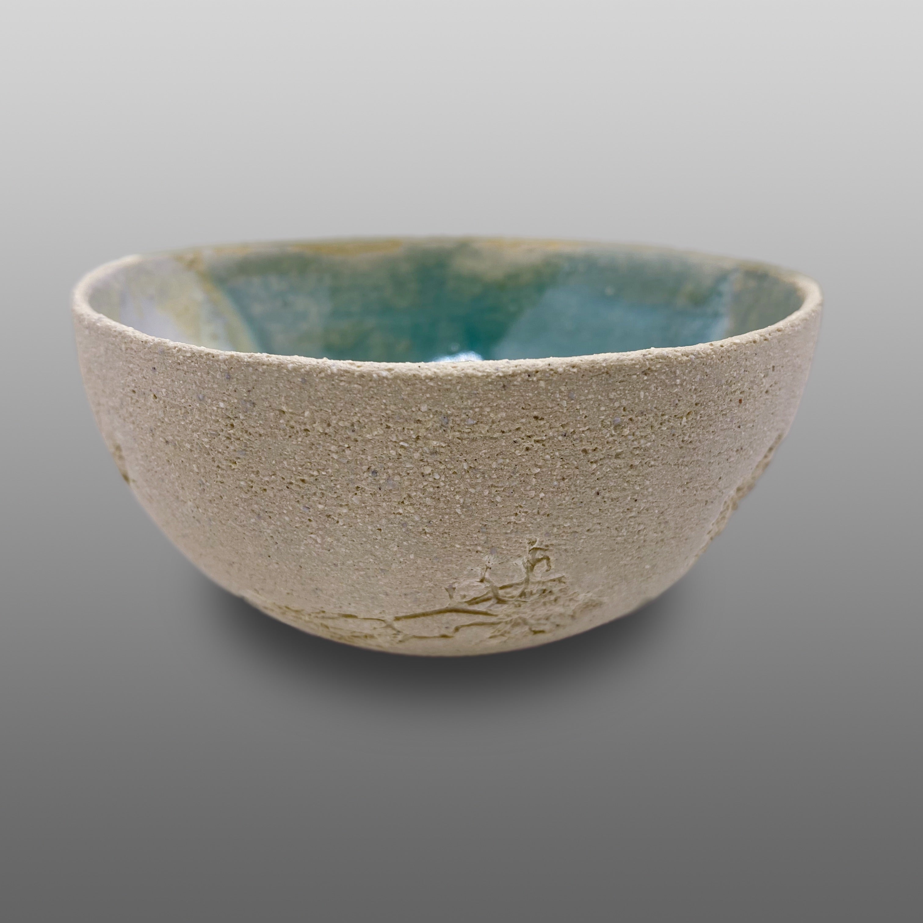 Grande coupelle grès écru émaillée nacré turquoise