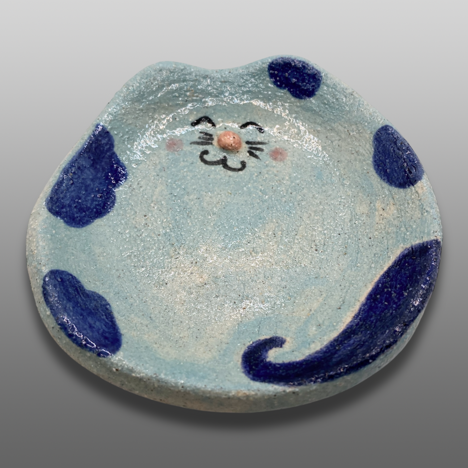 Mini coupelle chat émaillée bleu clair taches bleu foncé