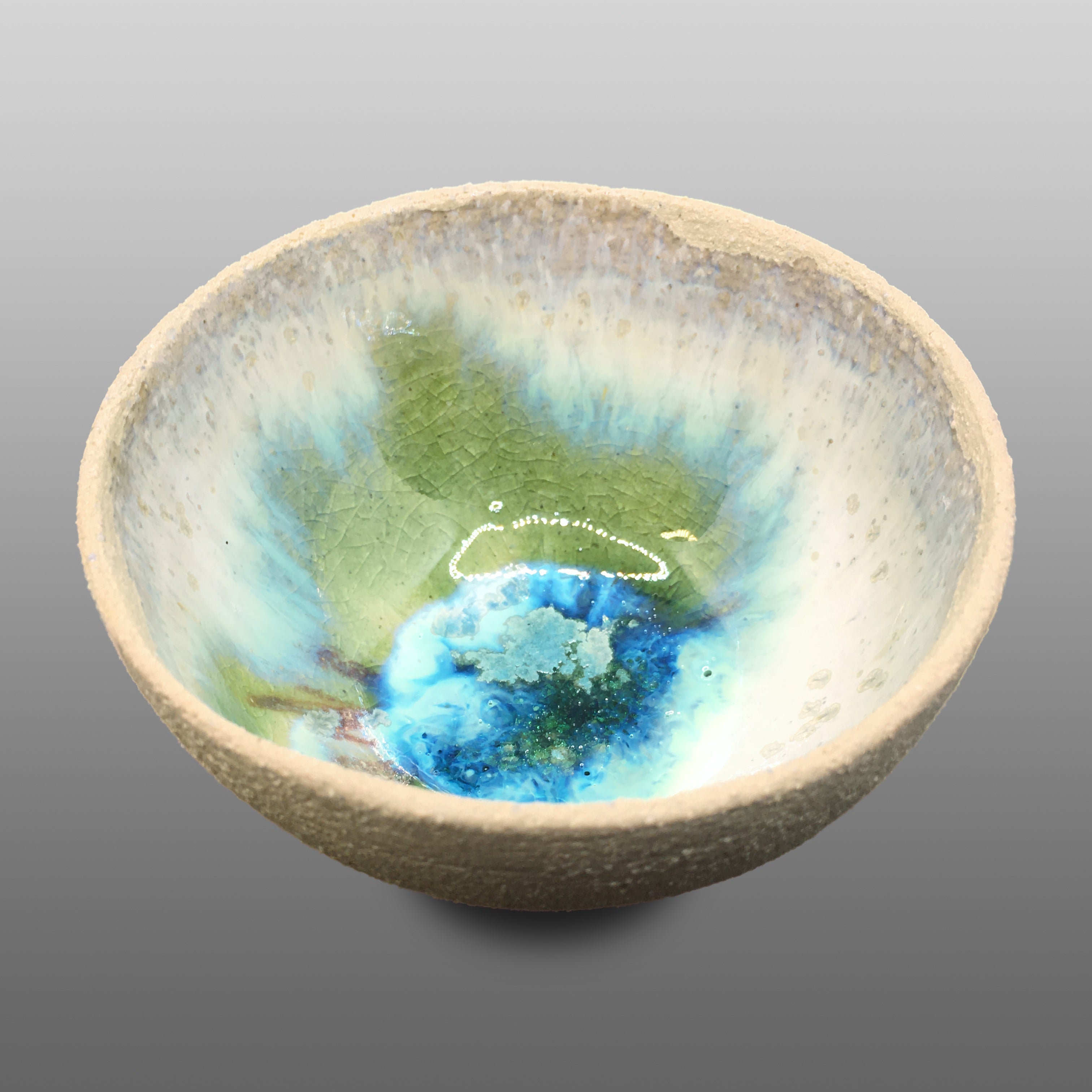 Coupelle écrue émaillée fondu bleu vert