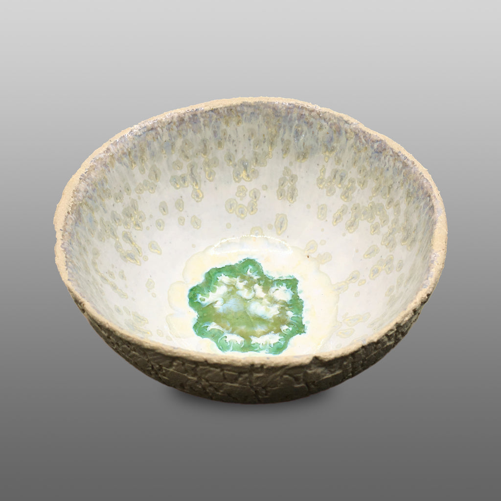 Coupelle écrue émaillée fondu vert et blanc